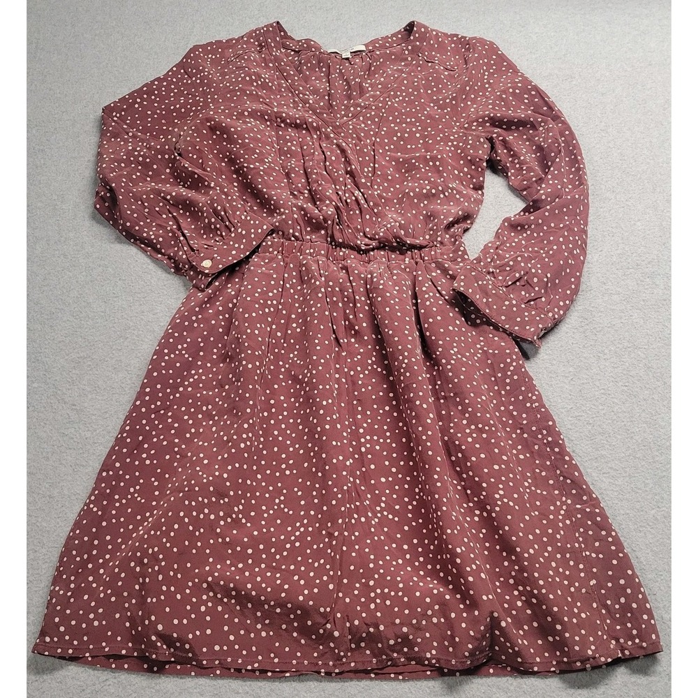 Madewell Silk Polka Dot Long Sleeve V-Neck Dress Burgundy Maroon Size 2